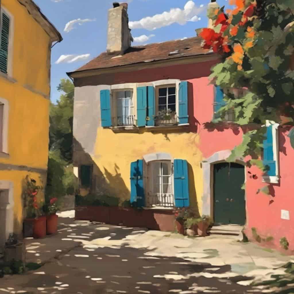 πολύχρωμα σπίτια, ιμπρεσιονισμός, και η σύνθεση του φωτός, ζωγραφική εικόνα παλαιάς ευρωπαϊκής γειτονιάς, τέχνη και αρτ-στυλ.