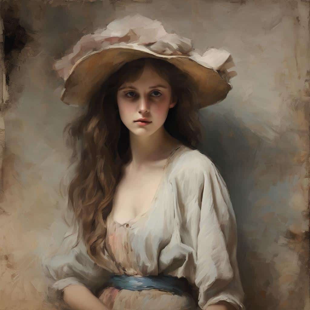 Ζωντανό πορτρέτο γυναίκας με καπέλο, εμπνευσμένο από ιμπρεσιονισμό και σύνθεση του φωτός.