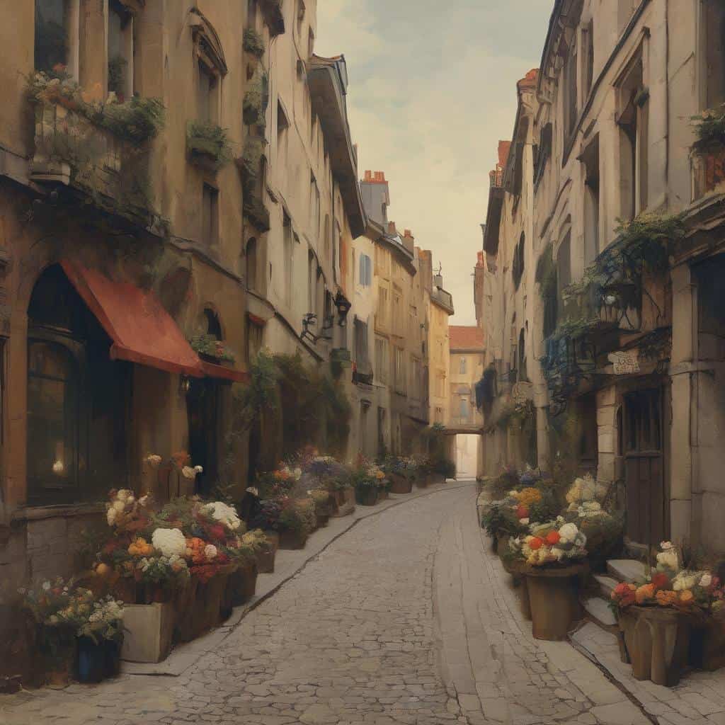 Ουάου, υπέροχη εικόνα μιας γραφικής παλαιάς ευρωπαϊκής οδού με ανθισμένα παρτέρια και μοναδική ατμόσφαιρα.