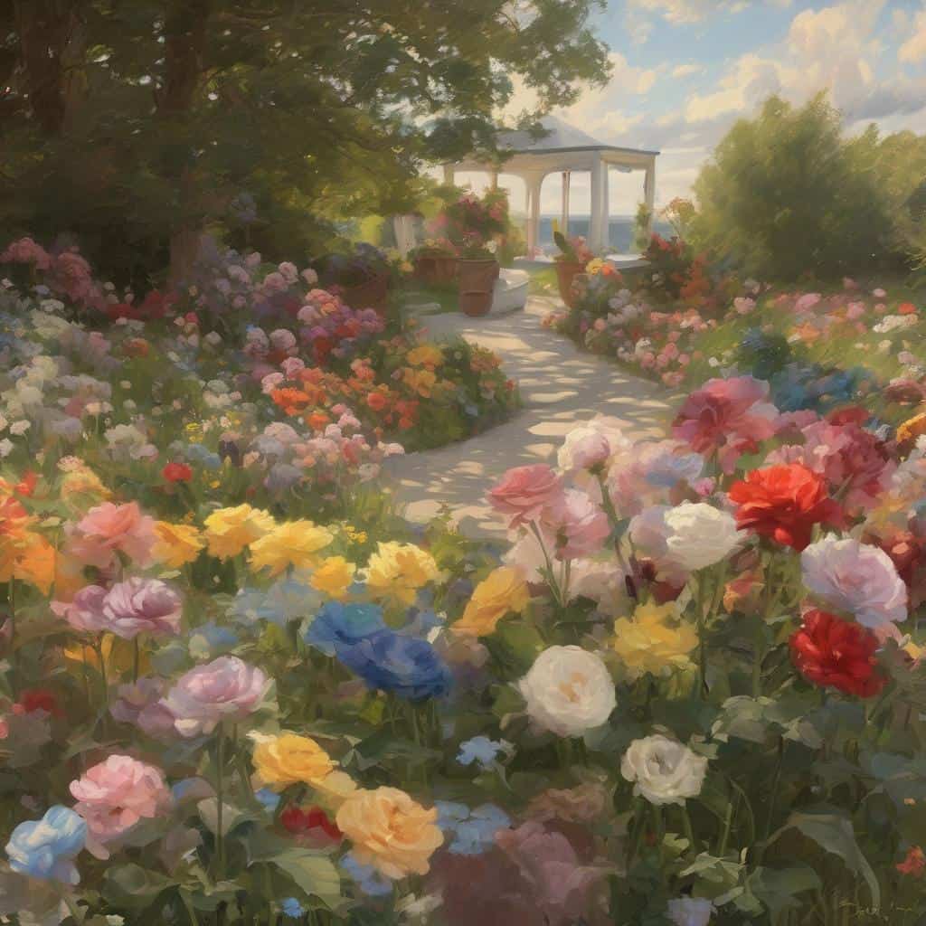 Οπτική αναπαράσταση ιμπρεσιονισμού και φωτός σε ανθισμένο κήπο με γαλήνιο σκηνικό και αρμονικές αποχρώσεις.